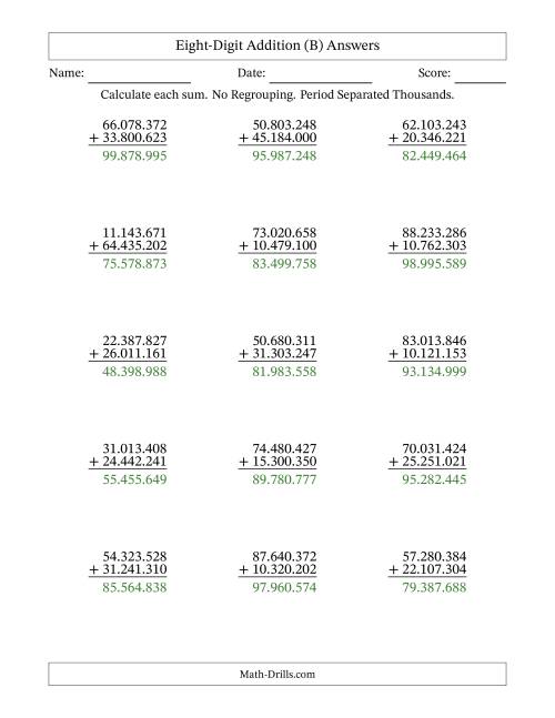 The Eight-Digit Addition With No Regrouping – 15 Questions – Period Separated Thousands (B) Math Worksheet Page 2