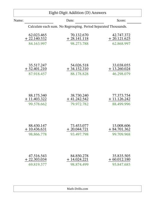 The Eight-Digit Addition With No Regrouping – 15 Questions – Period Separated Thousands (D) Math Worksheet Page 2