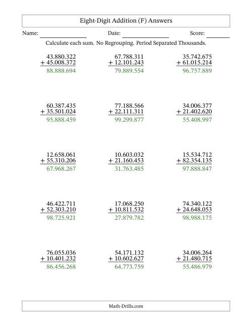 The Eight-Digit Addition With No Regrouping – 15 Questions – Period Separated Thousands (F) Math Worksheet Page 2
