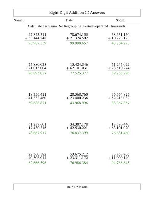 The Eight-Digit Addition With No Regrouping – 15 Questions – Period Separated Thousands (I) Math Worksheet Page 2