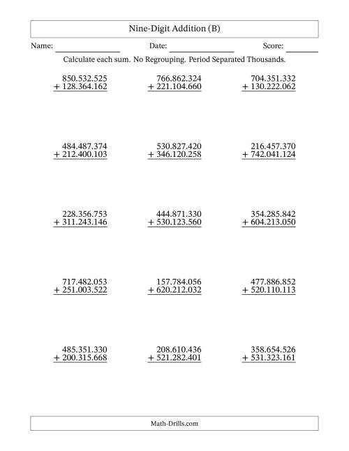 The Nine-Digit Addition With No Regrouping – 15 Questions – Period Separated Thousands (B) Math Worksheet