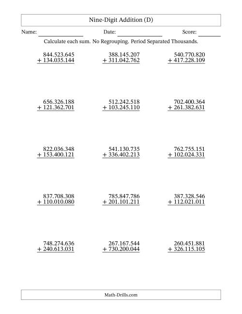 The Nine-Digit Addition With No Regrouping – 15 Questions – Period Separated Thousands (D) Math Worksheet