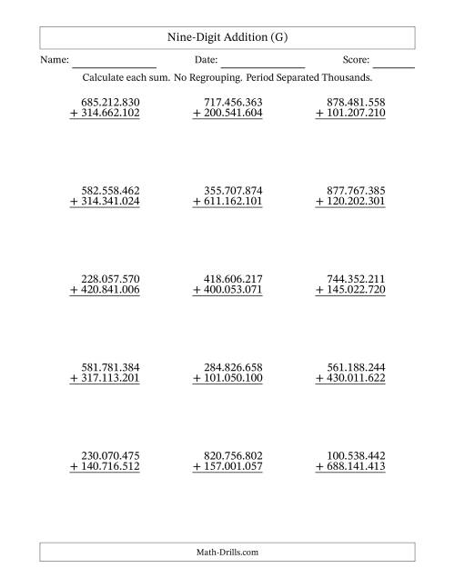The 9-Digit Plus 9-Digit Addition with NO Regrouping and Period-Separated Thousands (G) Math Worksheet