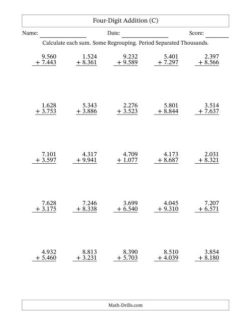 The Four-Digit Addition With Some Regrouping – 25 Questions – Period Separated Thousands (C) Math Worksheet