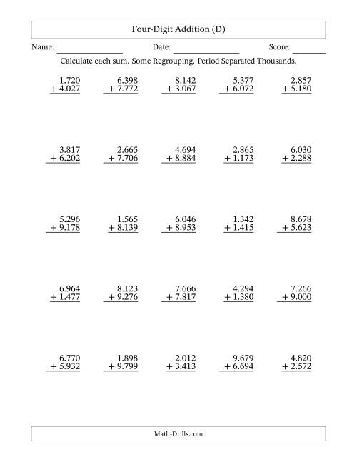 The Four-Digit Addition With Some Regrouping – 25 Questions – Period Separated Thousands (D) Math Worksheet