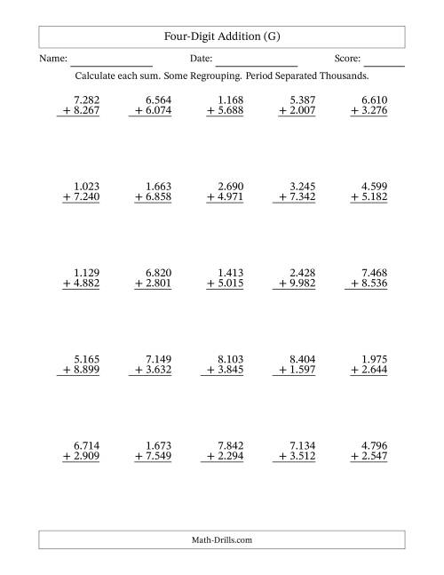 The Four-Digit Addition With Some Regrouping – 25 Questions – Period Separated Thousands (G) Math Worksheet