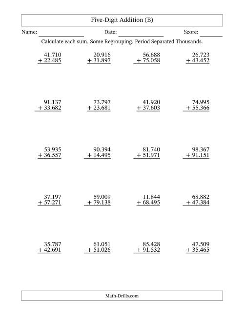 The Five-Digit Addition With Some Regrouping – 20 Questions – Period Separated Thousands (B) Math Worksheet