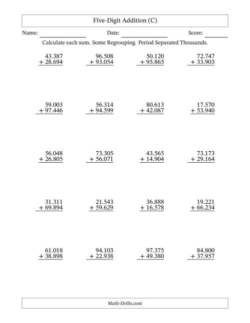 The Five-Digit Addition With Some Regrouping – 20 Questions – Period Separated Thousands (C) Math Worksheet