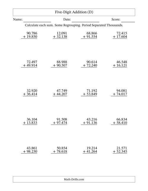The Five-Digit Addition With Some Regrouping – 20 Questions – Period Separated Thousands (D) Math Worksheet