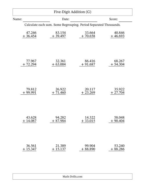 The Five-Digit Addition With Some Regrouping – 20 Questions – Period Separated Thousands (G) Math Worksheet