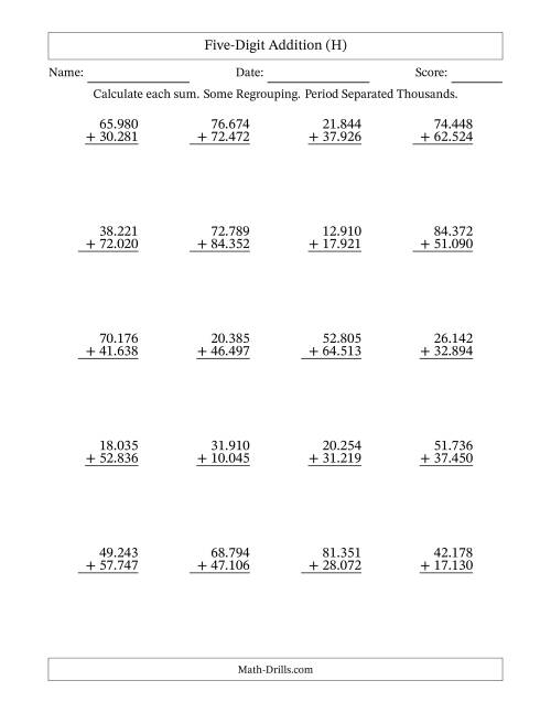 The Five-Digit Addition With Some Regrouping – 20 Questions – Period Separated Thousands (H) Math Worksheet