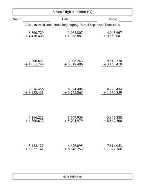The 7-Digit Plus 7-Digit Addition with SOME Regrouping and Period-Separated Thousands (G) Math Worksheet