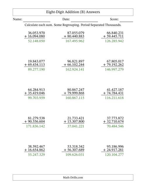 The Eight-Digit Addition With Some Regrouping – 15 Questions – Period Separated Thousands (B) Math Worksheet Page 2