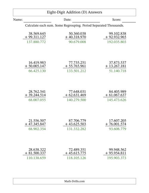 The Eight-Digit Addition With Some Regrouping – 15 Questions – Period Separated Thousands (D) Math Worksheet Page 2