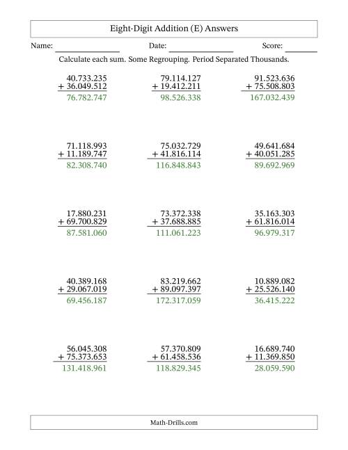 The Eight-Digit Addition With Some Regrouping – 15 Questions – Period Separated Thousands (E) Math Worksheet Page 2