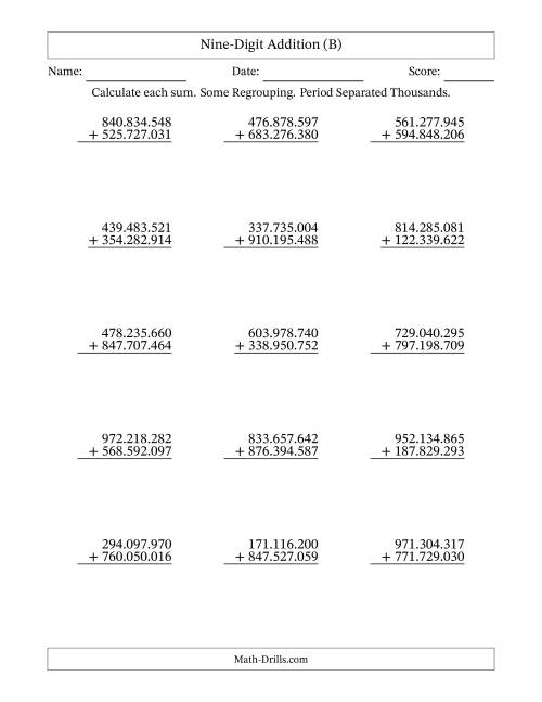 The Nine-Digit Addition With Some Regrouping – 15 Questions – Period Separated Thousands (B) Math Worksheet