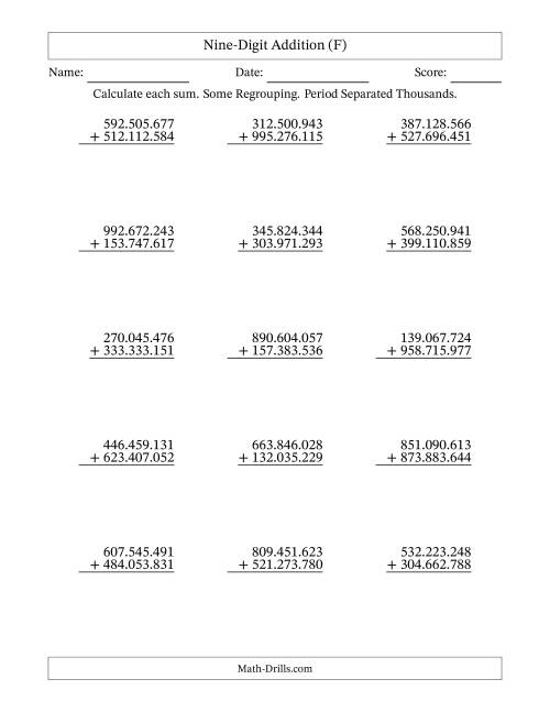 The Nine-Digit Addition With Some Regrouping – 15 Questions – Period Separated Thousands (F) Math Worksheet