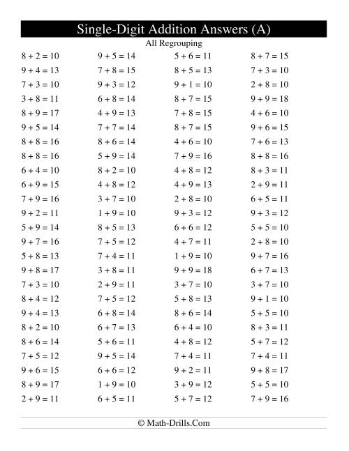 The Single Digit Addition -- 100 Horizontal Questions -- All Regrouping (A) Math Worksheet Page 2