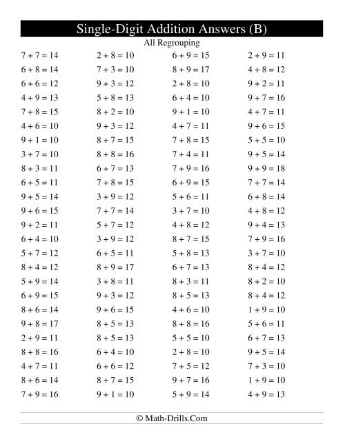 The Single Digit Addition -- 100 Horizontal Questions -- All Regrouping (B) Math Worksheet Page 2