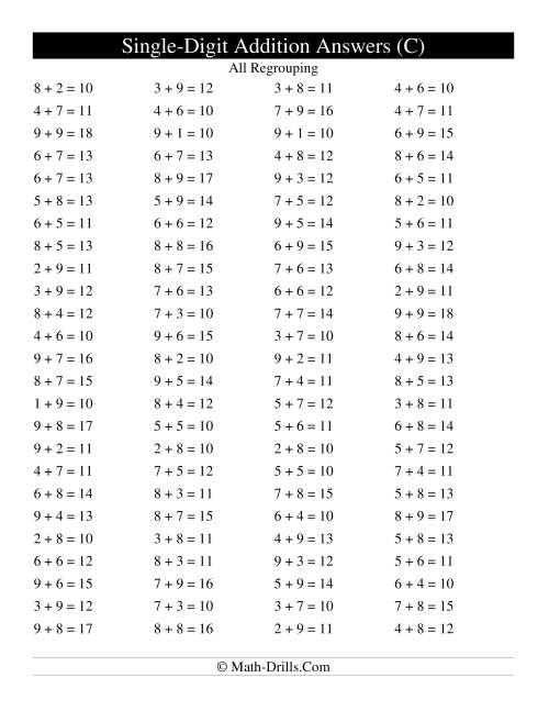 The Single Digit Addition -- 100 Horizontal Questions -- All Regrouping (C) Math Worksheet Page 2