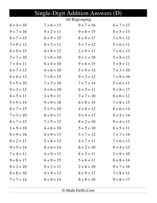 The Single Digit Addition -- 100 Horizontal Questions -- All Regrouping (D) Math Worksheet Page 2
