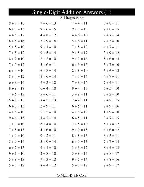 The Single Digit Addition -- 100 Horizontal Questions -- All Regrouping (E) Math Worksheet Page 2