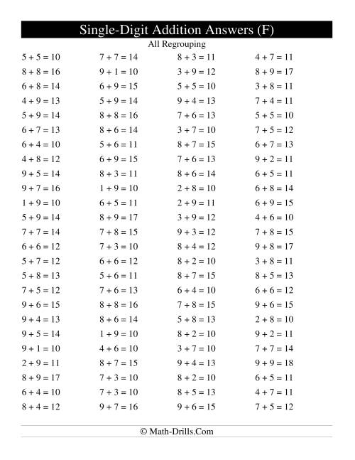 The Single Digit Addition -- 100 Horizontal Questions -- All Regrouping (F) Math Worksheet Page 2
