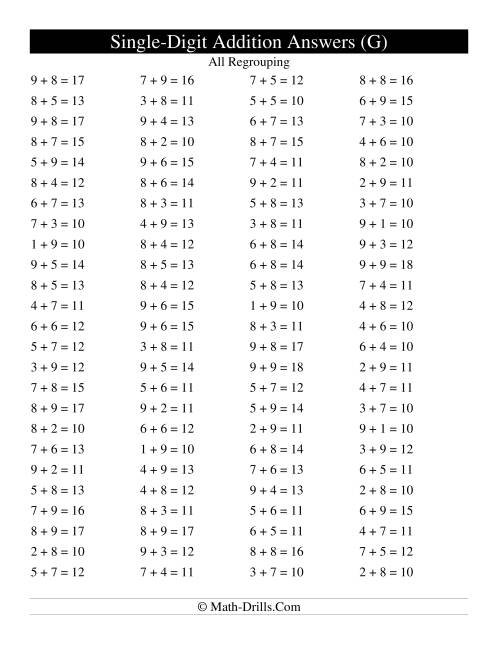 The Single Digit Addition -- 100 Horizontal Questions -- All Regrouping (G) Math Worksheet Page 2