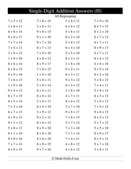 The Single Digit Addition -- 100 Horizontal Questions -- All Regrouping (H) Math Worksheet Page 2