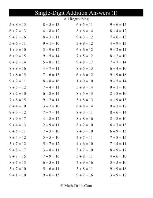 The Single Digit Addition -- 100 Horizontal Questions -- All Regrouping (I) Math Worksheet Page 2