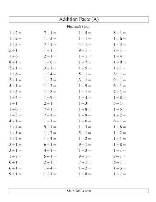 The Single Digit Addition -- 100 Horizontal Questions -- Adding Ones (A) Math Worksheet