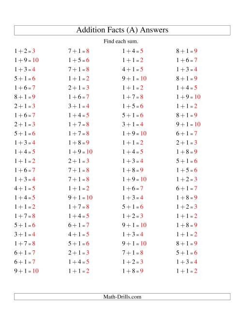The Single Digit Addition -- 100 Horizontal Questions -- Adding Ones (A) Math Worksheet Page 2