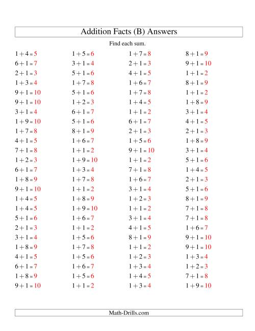 The Single Digit Addition -- 100 Horizontal Questions -- Adding Ones (B) Math Worksheet Page 2