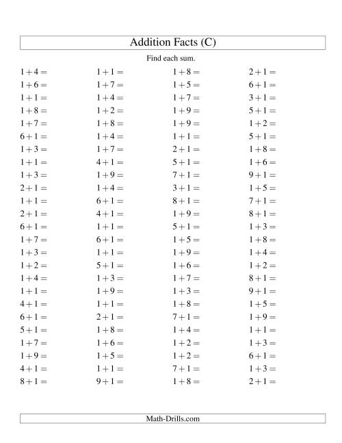 The Single Digit Addition -- 100 Horizontal Questions -- Adding Ones (C) Math Worksheet