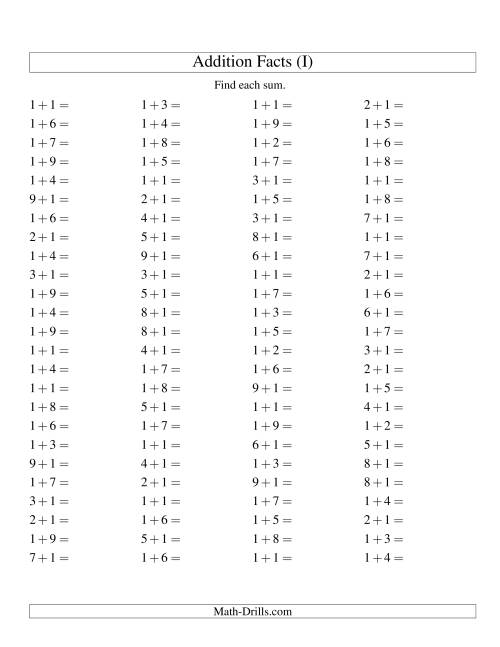 The Single Digit Addition -- 100 Horizontal Questions -- Adding Ones (I) Math Worksheet