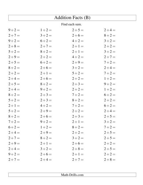 The Single Digit Addition -- 100 Horizontal Questions -- Adding Twos (B) Math Worksheet