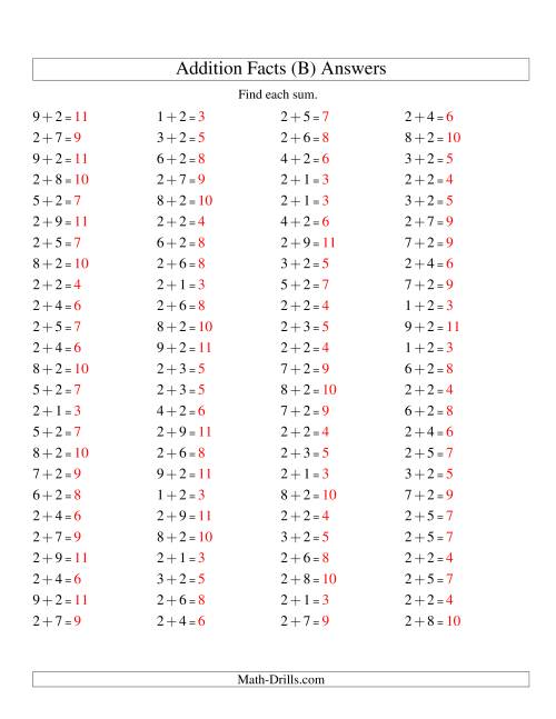 The Single Digit Addition -- 100 Horizontal Questions -- Adding Twos (B) Math Worksheet Page 2