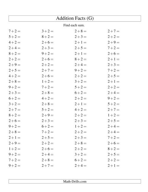 The Single Digit Addition -- 100 Horizontal Questions -- Adding Twos (G) Math Worksheet
