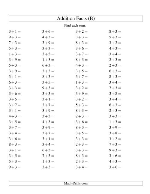 The Single Digit Addition -- 100 Horizontal Questions -- Adding Threes (B) Math Worksheet