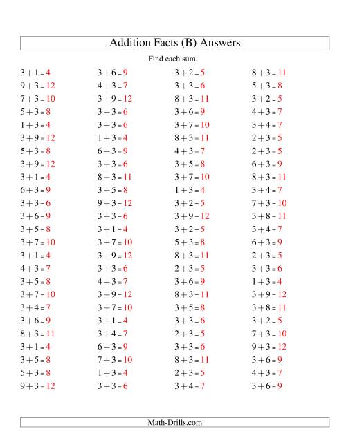 The Single Digit Addition -- 100 Horizontal Questions -- Adding Threes (B) Math Worksheet Page 2