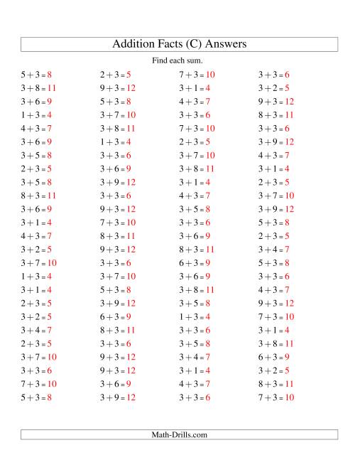 The Single Digit Addition -- 100 Horizontal Questions -- Adding Threes (C) Math Worksheet Page 2
