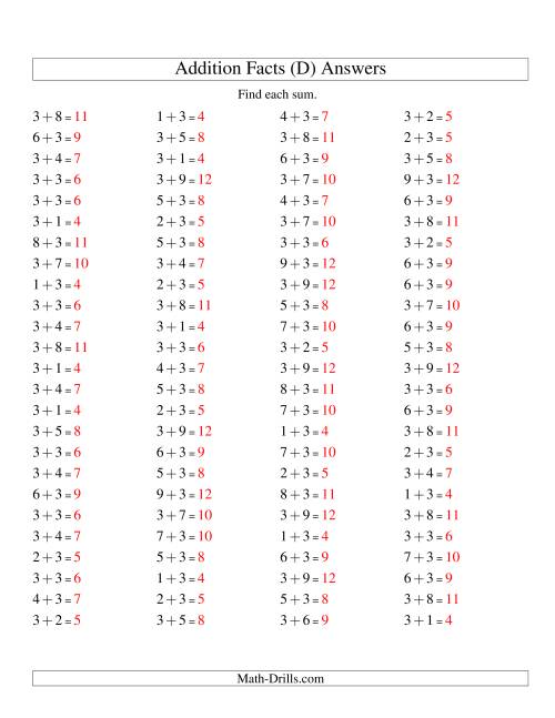 The Single Digit Addition -- 100 Horizontal Questions -- Adding Threes (D) Math Worksheet Page 2