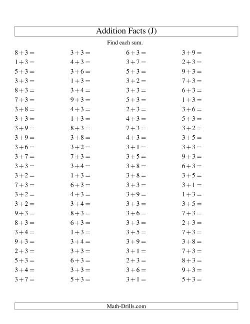 The Single Digit Addition -- 100 Horizontal Questions -- Adding Threes (J) Math Worksheet