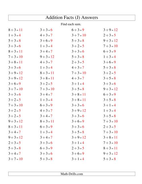 The Single Digit Addition -- 100 Horizontal Questions -- Adding Threes (J) Math Worksheet Page 2