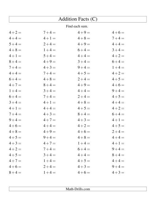 The Single Digit Addition -- 100 Horizontal Questions -- Adding Fours (C) Math Worksheet