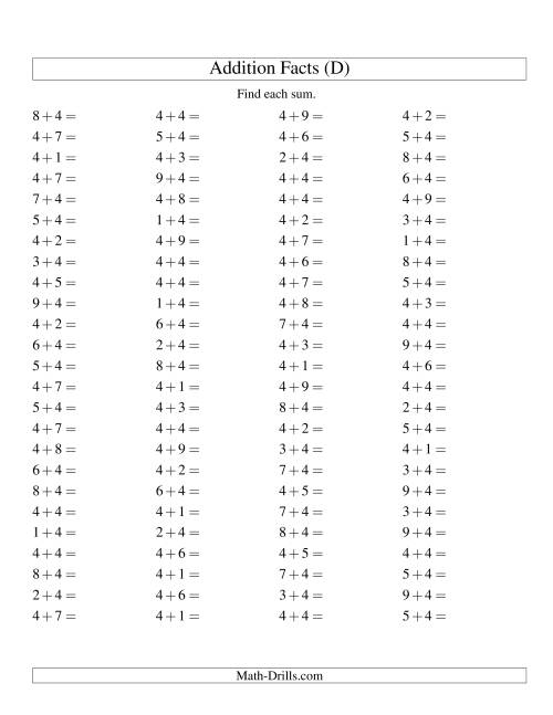 The Single Digit Addition -- 100 Horizontal Questions -- Adding Fours (D) Math Worksheet