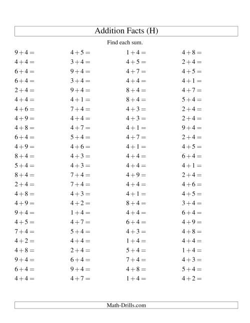 The Single Digit Addition -- 100 Horizontal Questions -- Adding Fours (H) Math Worksheet