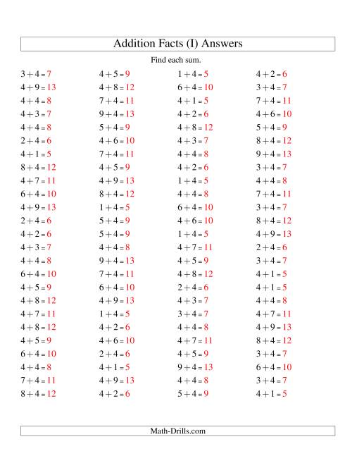 The Single Digit Addition -- 100 Horizontal Questions -- Adding Fours (I) Math Worksheet Page 2