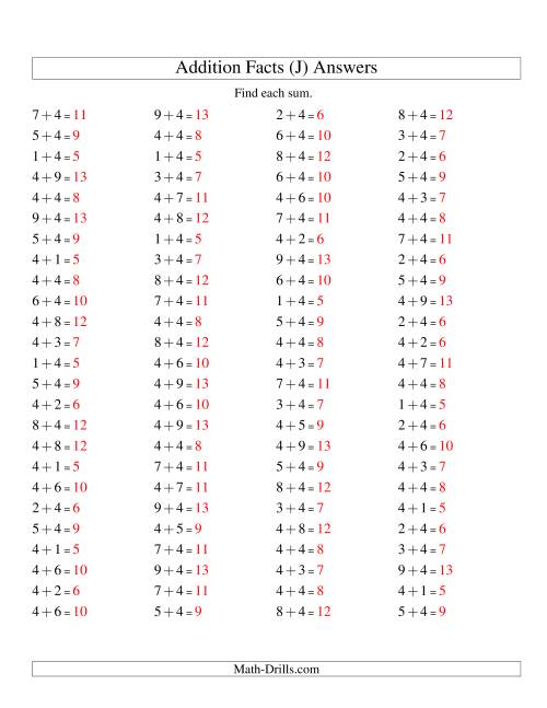 The Single Digit Addition -- 100 Horizontal Questions -- Adding Fours (J) Math Worksheet Page 2