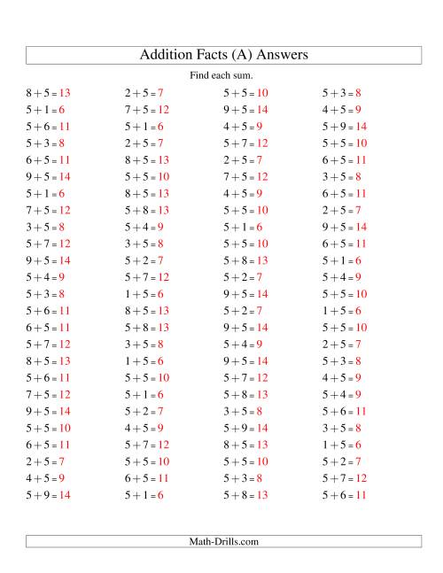 The Single Digit Addition -- 100 Horizontal Questions -- Adding Fives (A) Math Worksheet Page 2